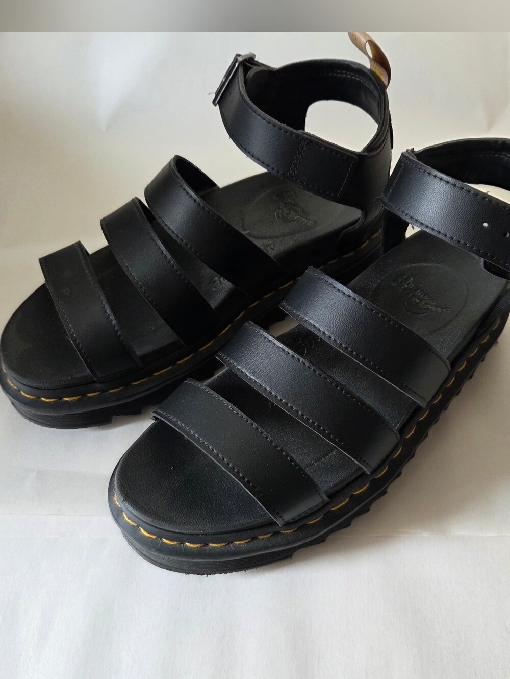 Dr. Marten Size 9 Sandals Black Strappy Platform Sandals with Yellow Stitching